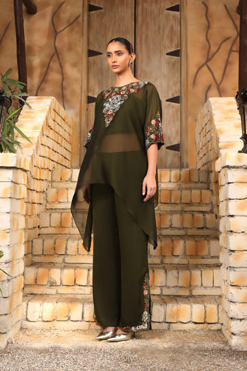 OLIVE GREEN 3 PIECE CORD-SET WITH STRAIGHT PANT