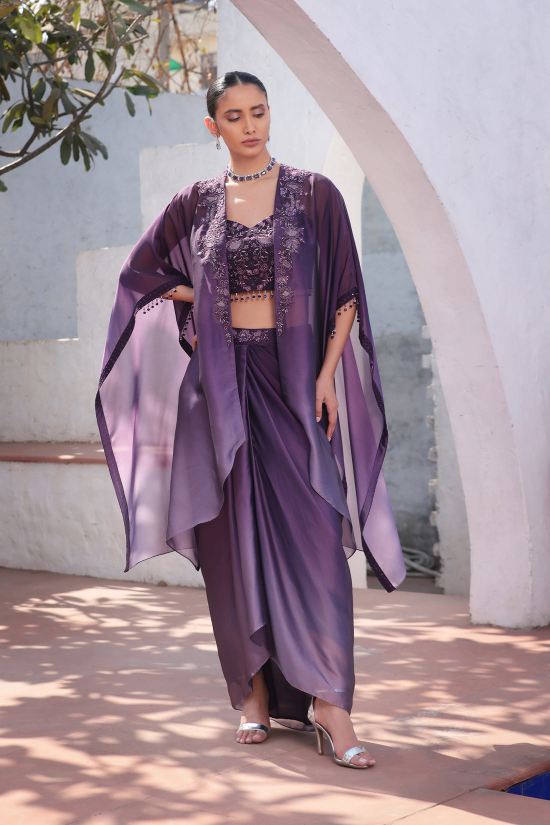 Purple ombre drape skirt set 3 piece