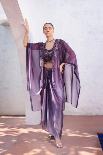 Purple ombre drape skirt set 3 piece