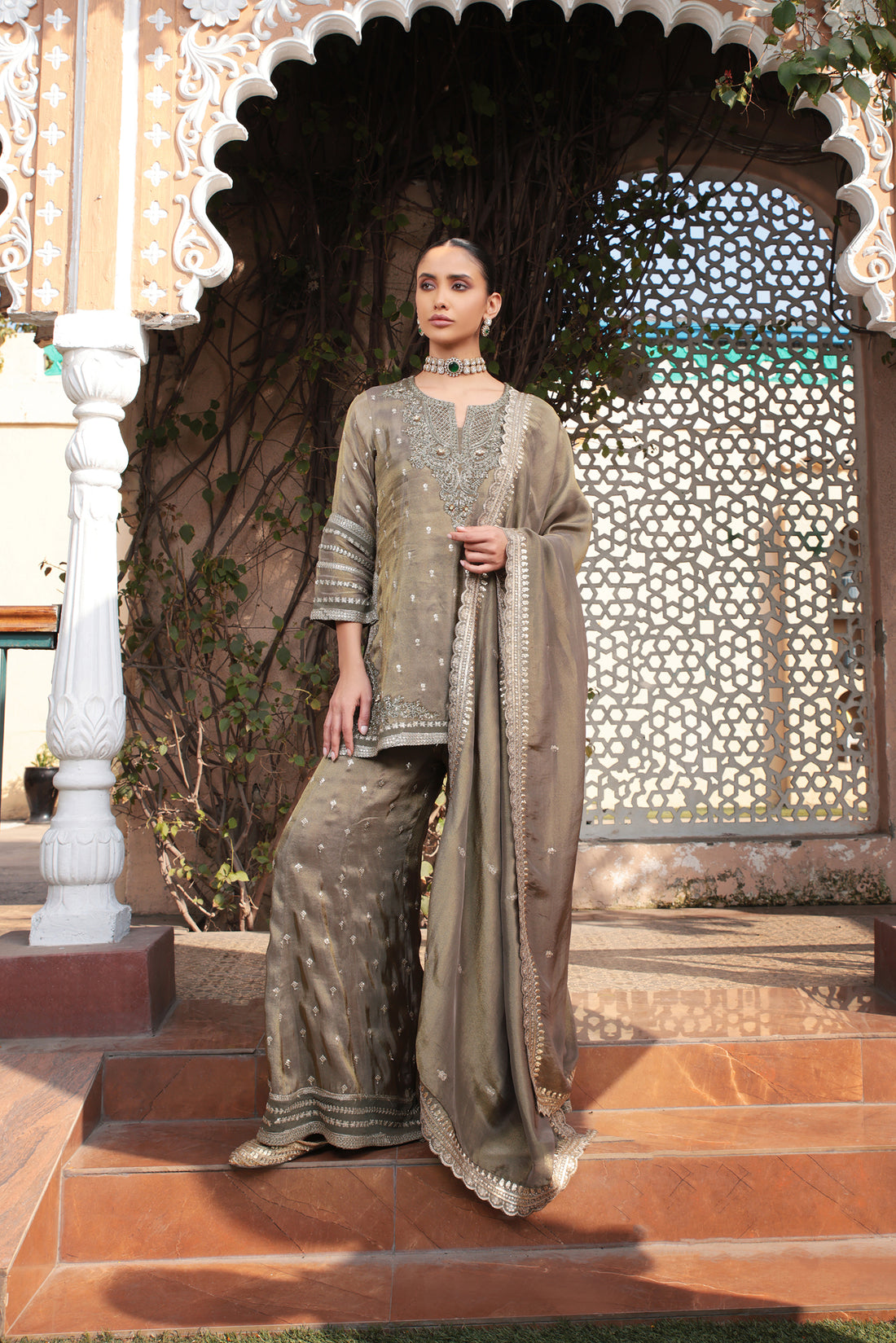 DARK OLIVE BANARSI KALI SHARARA SET