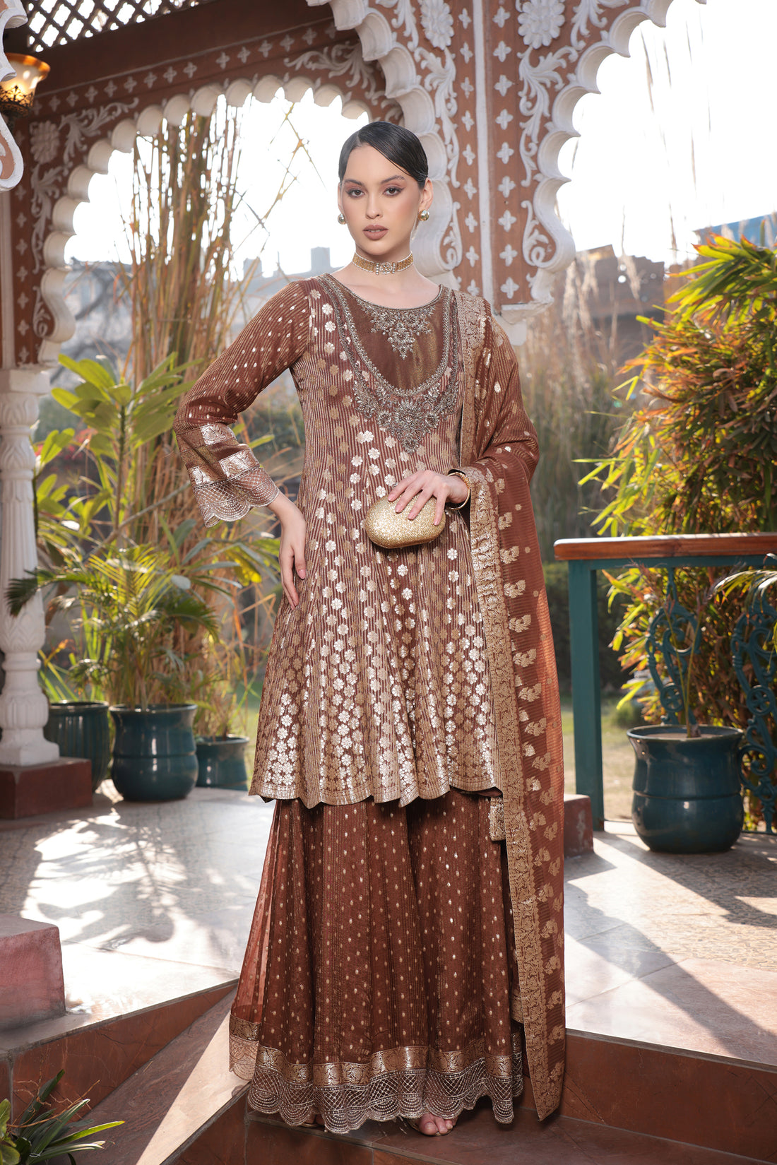 BROWN BANARSI KALIDAAR SHARARA SET