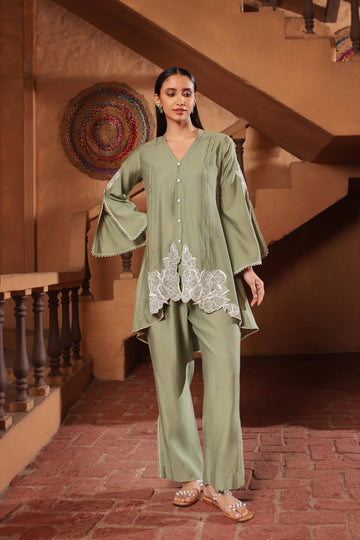 SAGE GREEN CORD-SET WITH WHITE PEARL & THREAD EMBROIDERY DETAILS