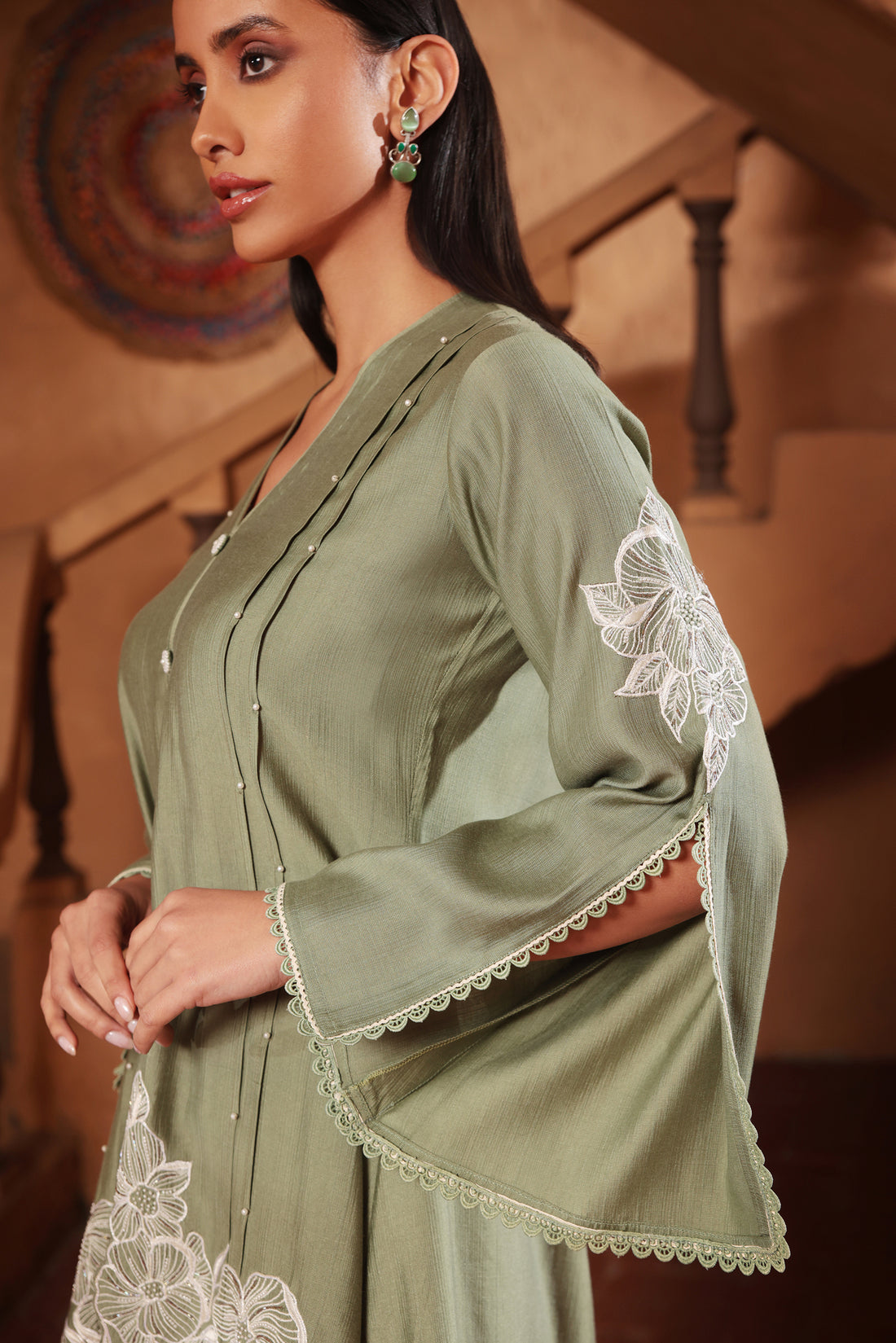 SAGE GREEN CORD-SET WITH WHITE PEARL & THREAD EMBROIDERY DETAILS