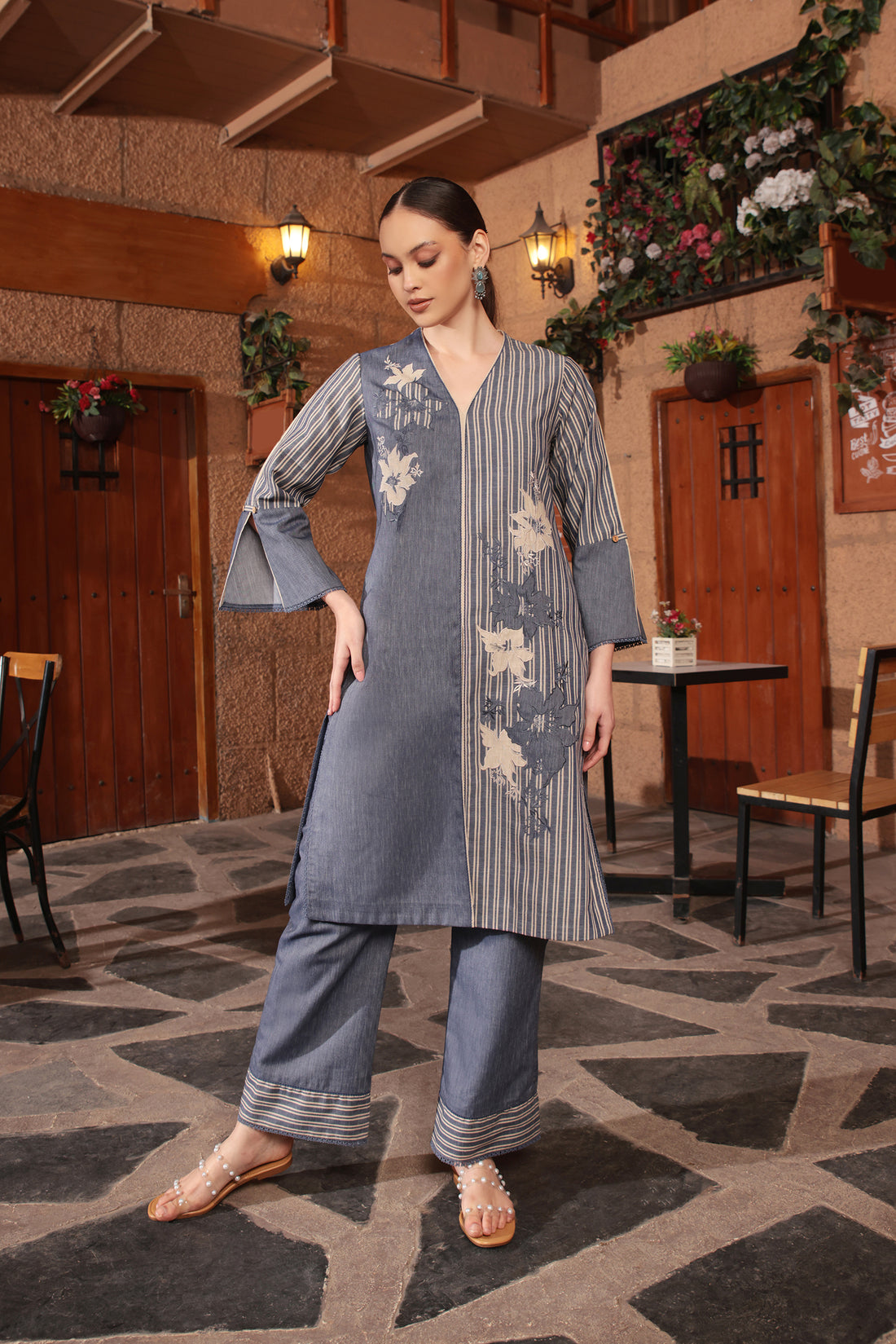 DENIM HALF & HALF CORD-SET WITH SOLID AND STRIPES COMBINATION