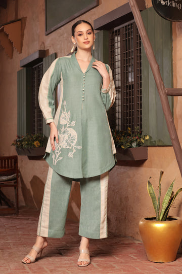 PASTEL GREEN CORD-SET WITH STRIPE DETAIL