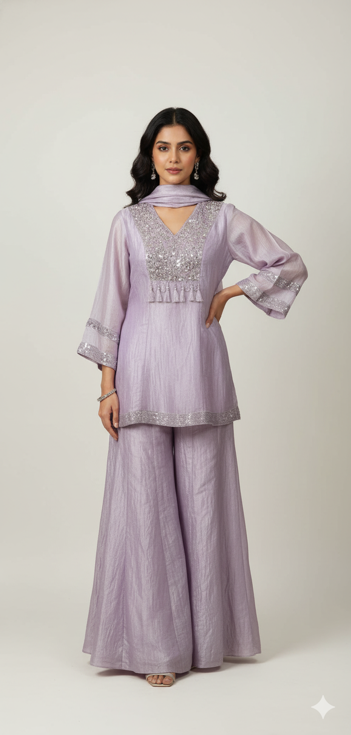 crushed shimmer organza suit