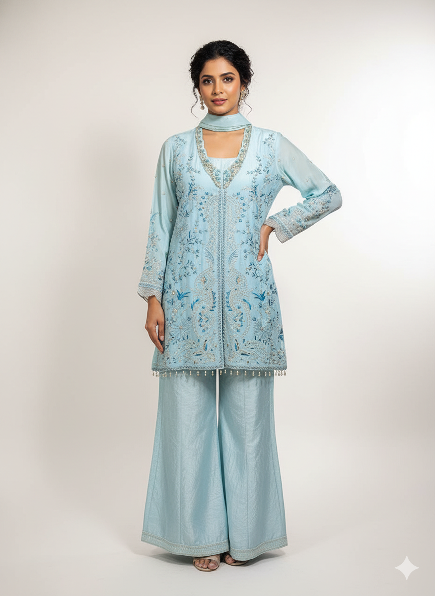 Pakistani Ethnic Cord Set – Sea Green & Ivory